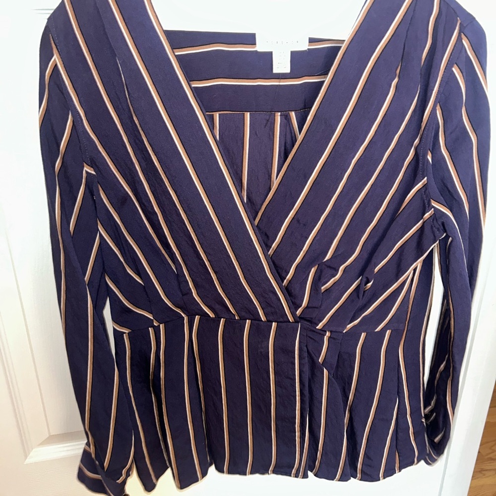 Topshop Navy and Tan Striped Blouse